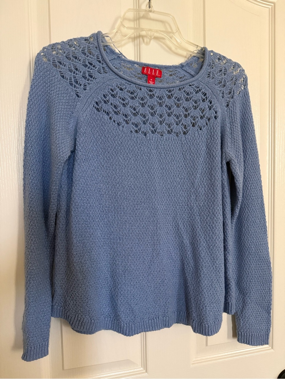 ELLE Powder Blue Knit Crewneck Sweater with Lace Yoke